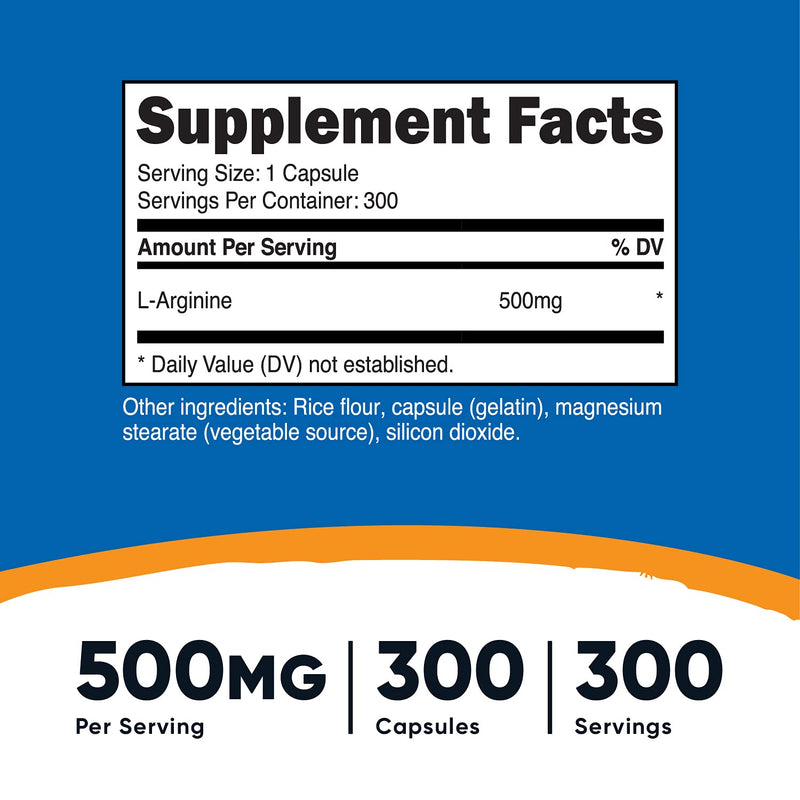 Nutricost L-Arginine 500mg, 300 Capsules - Gluten Free and Non-GMO 300 Count (Pack of 1) - NewNest Australia