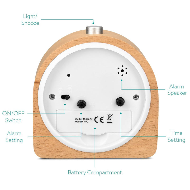NewNest Australia - Navaris Wood Analog Alarm Clock - Half-Round Battery-Operated Non-Ticking Clock with Snooze Button and Light - Light Brown 