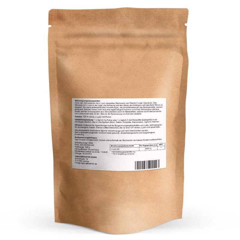 L-Lysine Powder - 300 G - Essential Amino Acid - Production-Free Product - Selection Quality - 100% Vegan And Absolutely Pure - Gluten Free, Lactose Free - No Additives And Additives - NewNest Australia