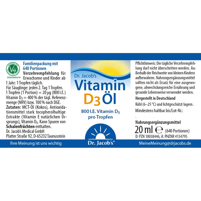 Dr Jacob's Vitamin D3 oil drops 800 IU I ideal dosage for the whole family including small children I for the immune system, muscles and bones¹ I pharmacy quality I high bioavailability 20 ml 640 drops - NewNest Australia