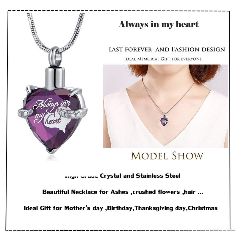 NewNest Australia - Heart Urn Necklace for Ashes Stainless Steel Cremation Jewelry for Ashes Keepsake Necklaces Z-Purple Heart 