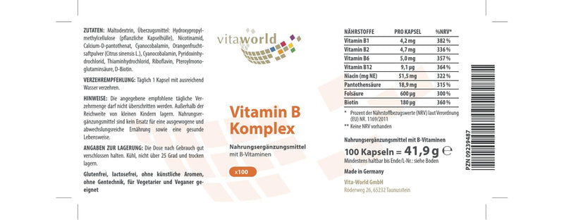 vitaworld Vitamin B complex, vegan, 100 capsules - NewNest Australia