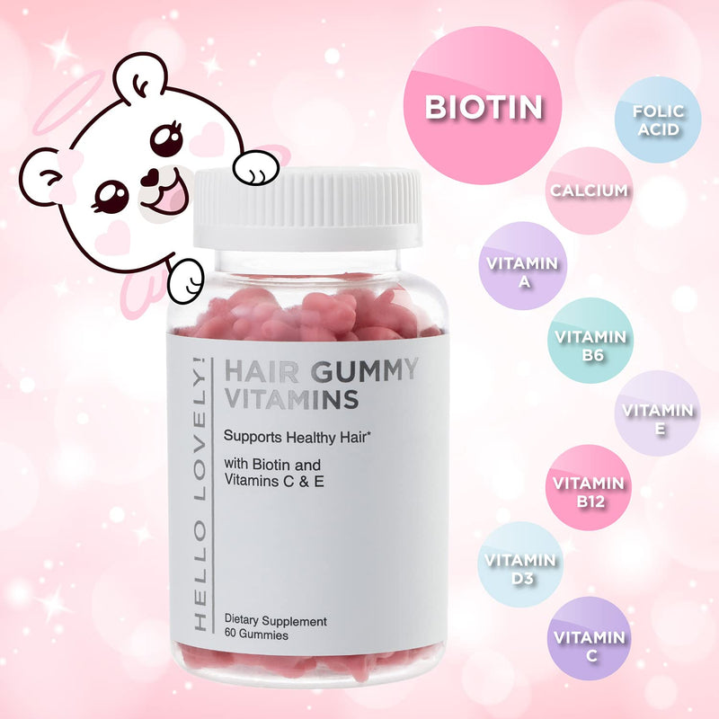 Hello Lovely Hair Vitamins Gummies with Biotin 5000 mcg Vitamin E & C Support Hair Growth, Premium Vegetarian, Non-GMO, for Stronger, Beautiful Hair & Nails, Red Berry Supplement - 60 Gummy Bears 60 Count (Pack of 1) - NewNest Australia