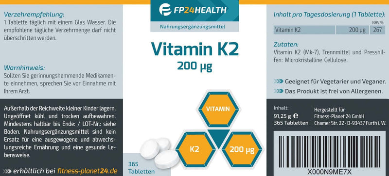 FP24 Health Vitamin K2-200µg - 365 tablets - high dose - annual supply - Menaquinone MK-7 - top quality - NewNest Australia