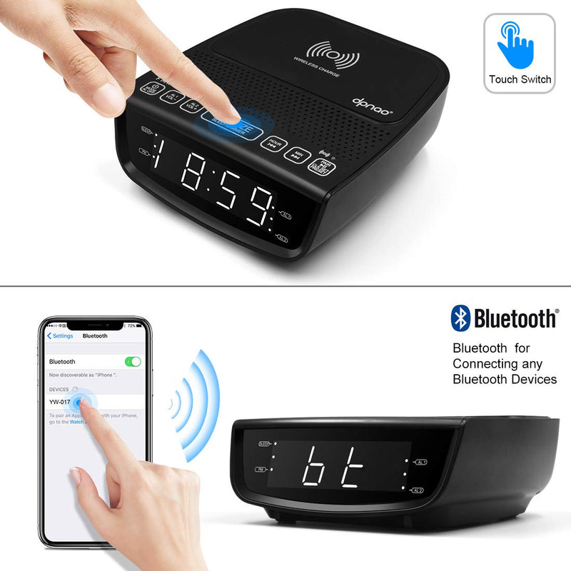 NewNest Australia - dpnao Alarm Clock FM Radio with Wireless Charging, USB Charging Port, Bluetooth Speaker, Dual Alarm, 3-Level Dimmer, Sleep Timer, Snooze for Home Bedroom Bedside 