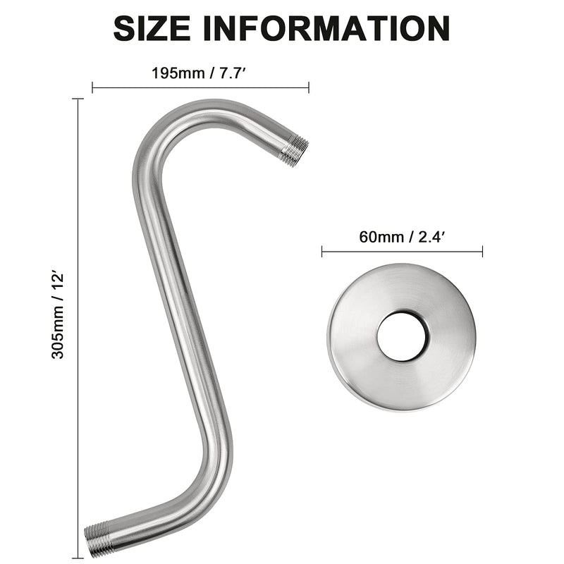 Nearmoon S Shaped Shower Head Riser Pipe, Shower Head Extender Arm with Flange, Standard 1/2" Connection- Bathroom Accessory, 12 inch (Brushed Nickel) Brushed Nickel - NewNest Australia