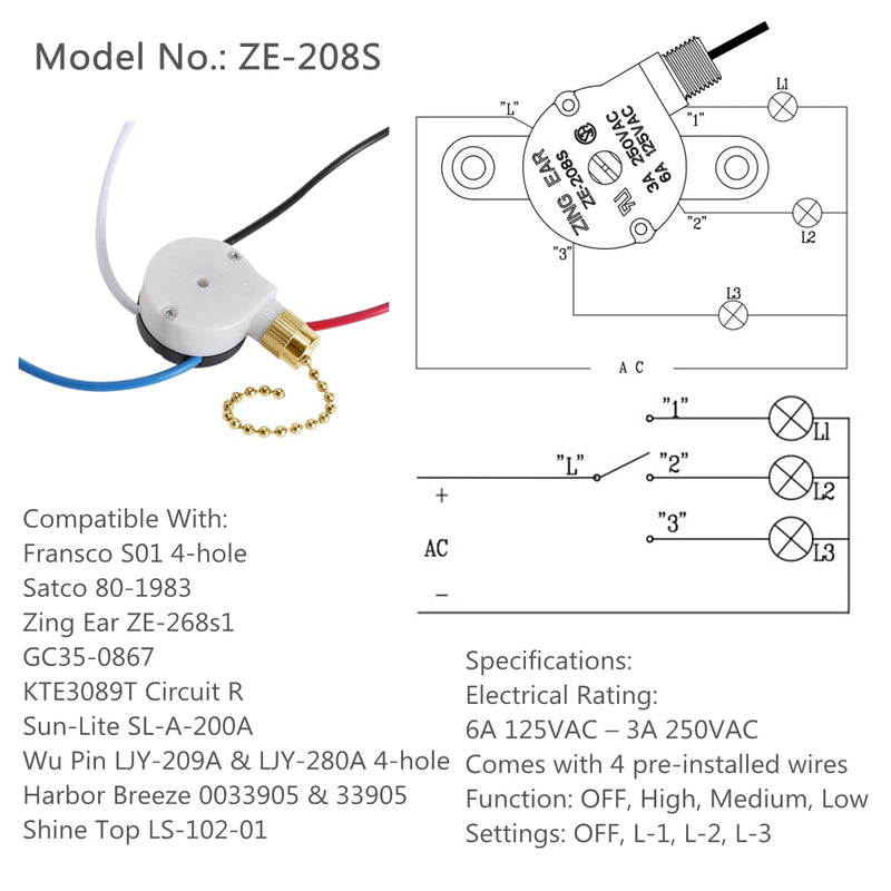 Ceiling Fan Switch Kit Zing Ear ZE-208S E89885 3 Speed 4 Wire Fan Switch Pull Chain Ceiling Fan Switch Speed Control Switch with Rope for Ceiling Fans, Wall Lamps, Cabinet Light, Brass - NewNest Australia