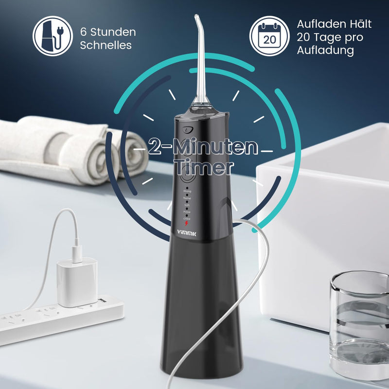 Oral Irrigator Wireless Electric Tooth Cleaner, Vimmk Dental Irrigator Water Flosser 5 Modes & 8 Nozzles USB-C Rechargeable Water Flosser IPX7 Waterproof, 300ML Water Tank Mouth Cleaner (Black) Black - NewNest Australia