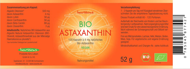ORGANIC Astaxanthin - 120 capsules of 4mg natural. Organic Astaxanthin - Ivarssons Original - VEGAN - NewNest Australia