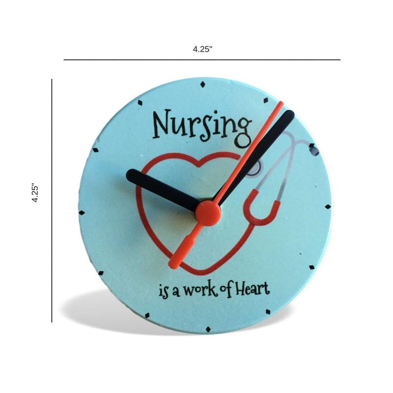 NewNest Australia - BANBERRY DESIGNS Nurse Wall or Desktop Clock - Nursing is a Work of Heart Quote - Heart Stethoscope Design - 4.25 Inches Diam 