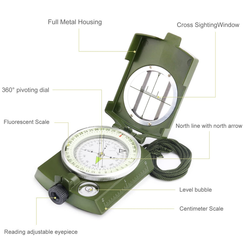 YEHOBU Military Lensatic Sighting Compass Survival for Hiking, Orienteering Lensatic Compass, Waterproof and Shakeproof Navigation Compasses, Survival Emergency Luminous Sighting Compass, Army Green - NewNest Australia