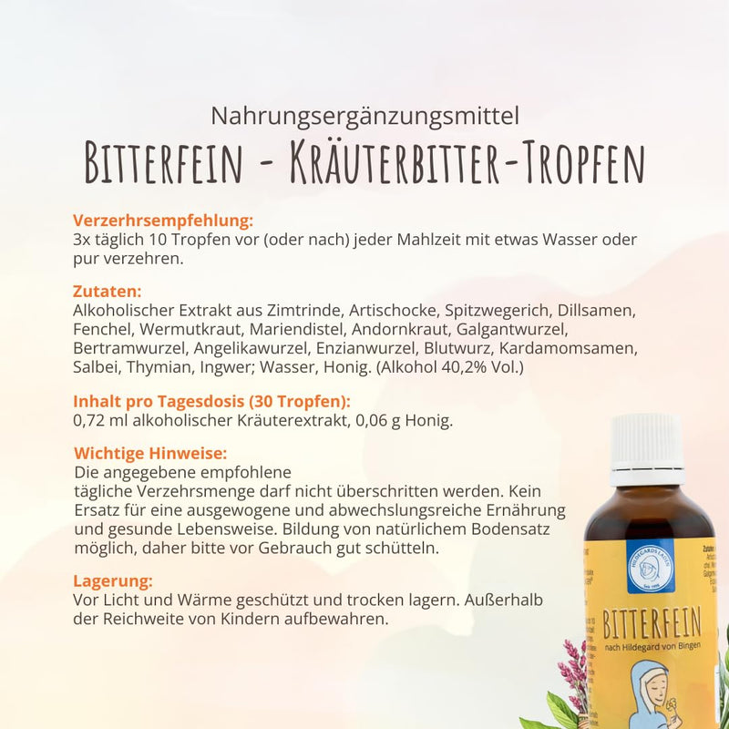Bitterfein - herbal bitter drops | Hildegard of Bingen | Bitter substances from 17 plants | Before every meal | 50ml - concentrate for approx. 30 days - NewNest Australia