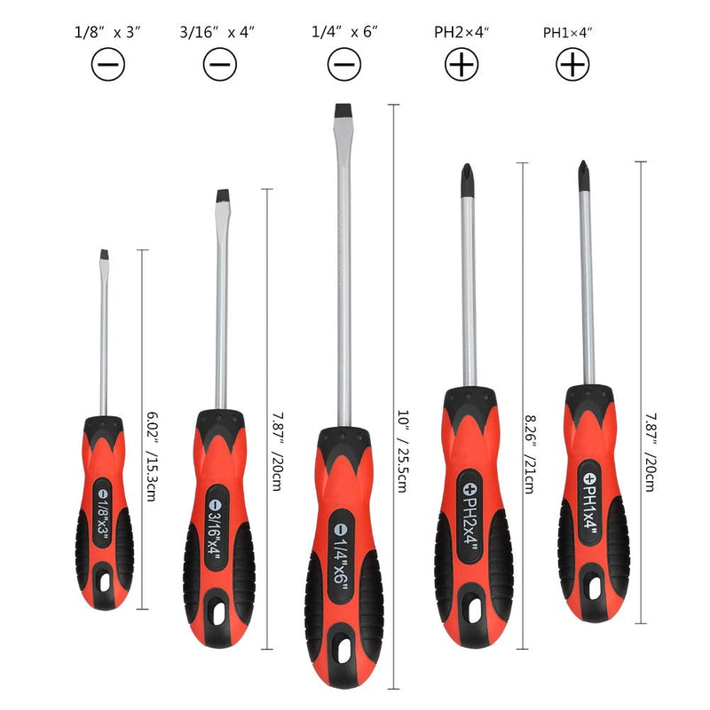 Magnetic Screwdriver Set,5 Pieces Slotted and Phillips Screwdriver with Ergonomic Comfortable Non-skid Handle,Permanent Magnetic Tips,Rust Resistant Heavy Duty Craftsman Toolkit For Wet, Oily Hand 5PC - NewNest Australia