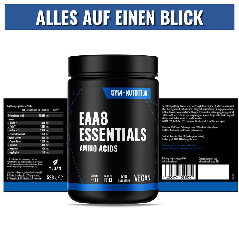 Multi Amino EAA Pattern 510 EAA tablets with 1036 mg each - All 8 essential amino acids EAAs - Vegan - Human Code - bottled in Germany - No additives - NewNest Australia