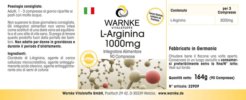 L-Arginine 1000mg - high dose & vegan - 3000mg L-Arginine HCl per daily dose - 90 tablets | Warnke vital substances - NewNest Australia