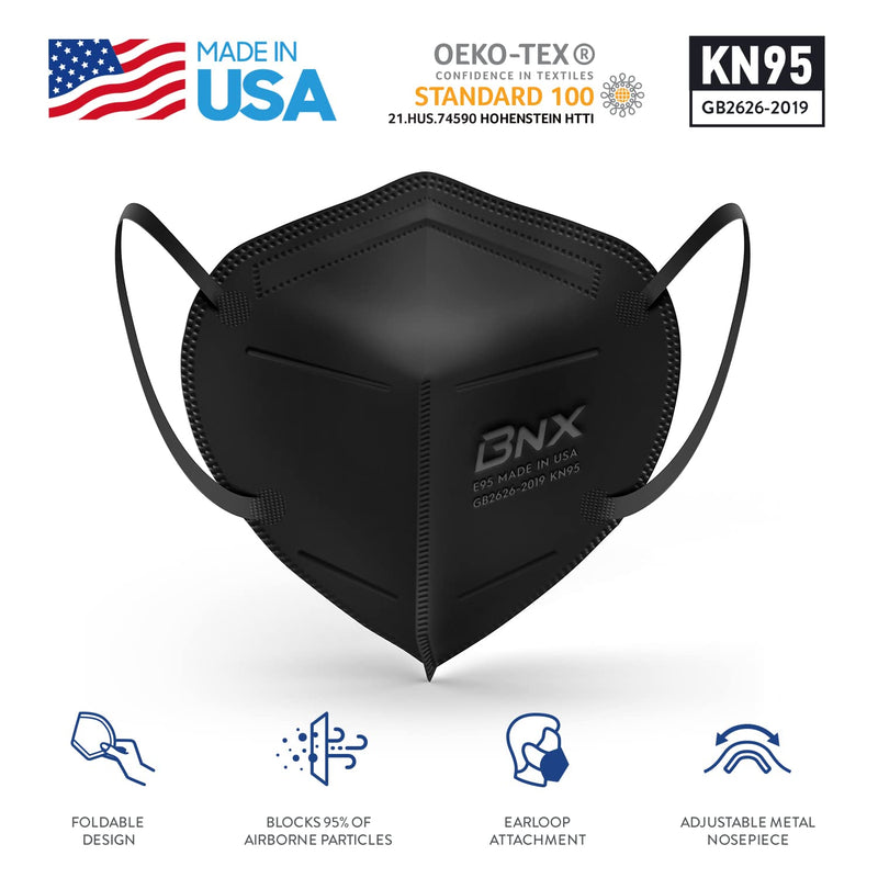 BNX KN95 Face Masks Made in USA (20-Pack), (Earloop) (Model: E95) Black - NewNest Australia