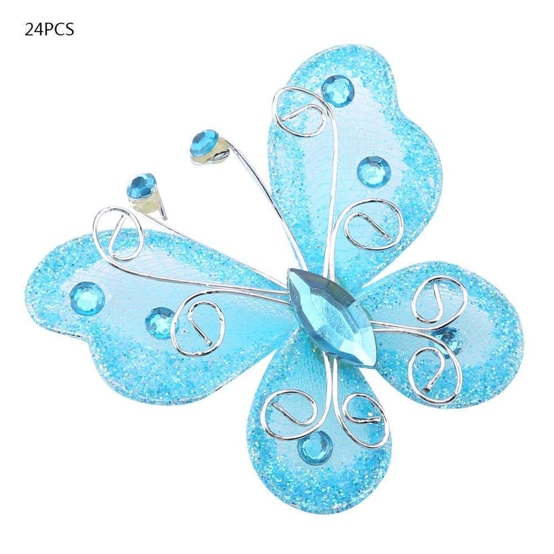 24pcs Christmas Butterfly Ornaments Mesh Wire Glitter Butterfly Wedding Party Clothing Wall Tree Decoration DIY Supplies(Blue) - NewNest Australia