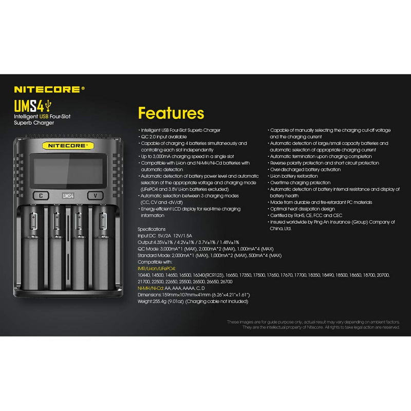 NITECORE UMS4 Intelligent USB Four Slot Quick Battery Charger for Li-Ion/Ni-MH/Ni-Cd/IMR 16340 14500 18650 21700 20700 AA AAA and More Batteries, with LumenTac Battery Organizer - NewNest Australia