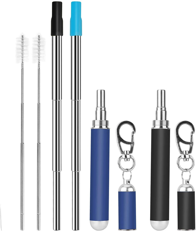 2 Pcs Portable Metal Straws, 3-Section Adjustable Telescopic Straw with Silicone Tips Cover, Aluminum Keychain Case and Telescopic Cleaning Brush, Unique Design for Home Travel(Black & Blue) Black & Blue - NewNest Australia