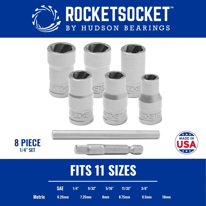 ROCKETSOCKET | 8 Pieces 1/4" Drive Bolt Lug Nut Extractor Socket Tool Set | RAZORGRIP Technology Extract Damaged, Frozen, Rusted, Rounded-Off Bolts, Nuts & Screws | Made in USA Steel 8pc set - NewNest Australia