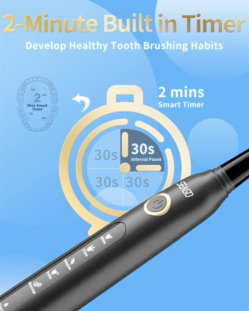 Seago Sonic Electric Toothbrush 507 for Adults, 40,000VPM Ultrasonic Rechargeable Toothbrushes with Smart Timer, 4 Dupont Brush Heads, 5 Cleaning Modes, IPX7 Waterproof (SG-507 Black) Sg-507 Black - NewNest Australia