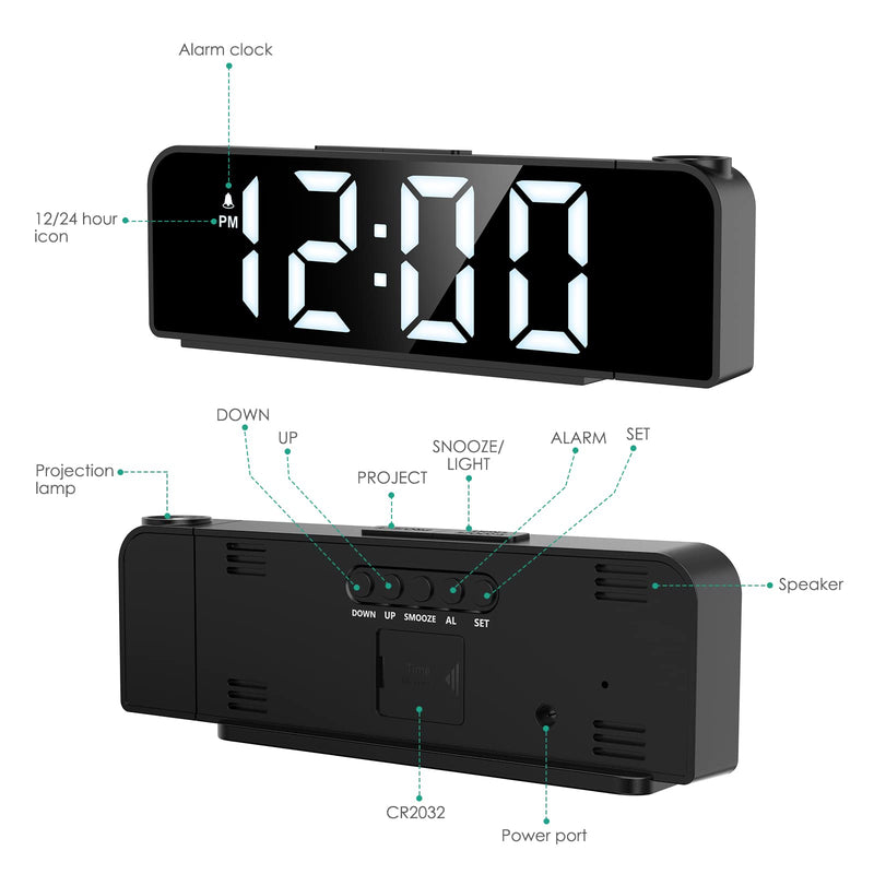 ORIA Projection Alarm Clock, 7.9'' LED Alarm Clock, Bedroom Alarm Clock with 180° Rotatable Projector, 3 Adjustable Brightness, Work Day Mode, Night Mode, Time Memory, USB Cable Included - NewNest Australia