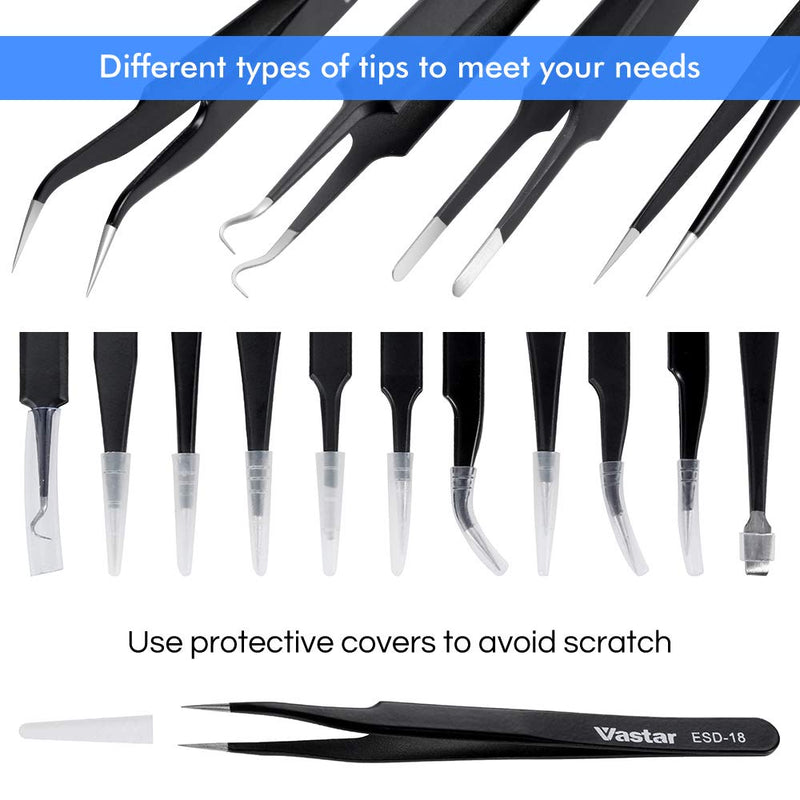 Vastar Tweezers - 12 Pieces Precision Tweezers Set, Anti-static ESD Tweezers Kit with 11 Precision Non-magnetic Stainless Steel Tweezers in Canvas Bag - NewNest Australia