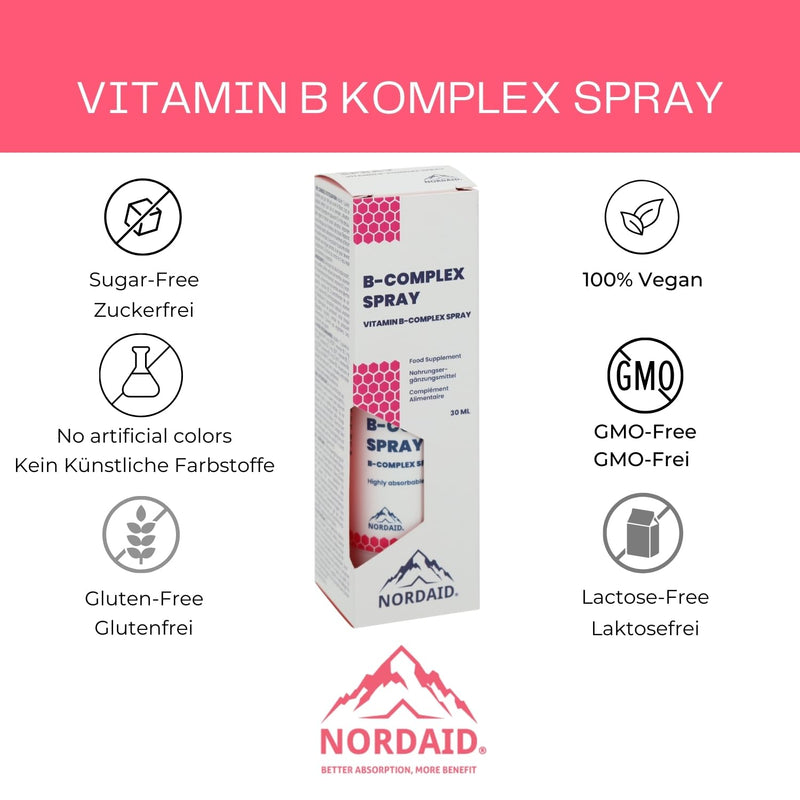 Vitamin B complex spray - for 2 months - alternative to drops & capsules - B complex vitamin high dose - vitamin B complex preparations - vitamin B spray - vitamin B complex forte - Nordaid - NewNest Australia