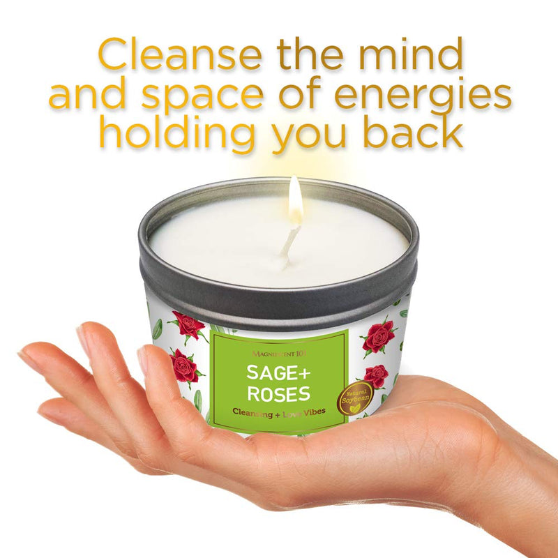 MAGNIFICENT 101 SAGE + Roses Aromatherapy Candle for House Energy Cleansing, Banishes Negative Energy I Purification and Chakra Healing - Natural Soy Wax Tin Candle for Aromatherapy 6oz Sage+ Roses - NewNest Australia