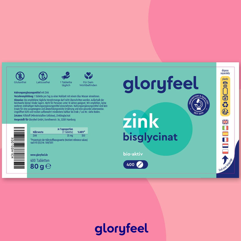 Zinc 25mg - 400 tablets - Premium zinc bisglycinate (zinc chelate) highly bioavailable - 25mg elemental zinc per tablet - Laboratory tested, vegan, made in Germany without additives - NewNest Australia
