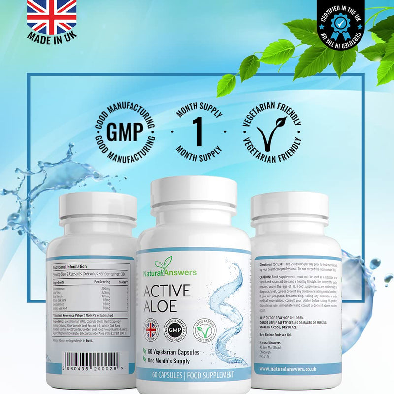 60 Active Aloe Cleanse, Aloe Vera & Glucomannan Capsules - (1 Months Supply) Vegetarian Friendly, Colon Cleanse Aloe Vera Food Supplements - Made in The UK by Natural Answers 60 Count (Pack of 1) - NewNest Australia