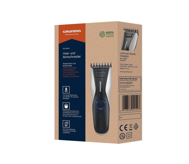 GRUNDIG MC6840 hair and beard trimmer, battery/mains, LED, black, silver, cutting length up to 30 mm single - NewNest Australia