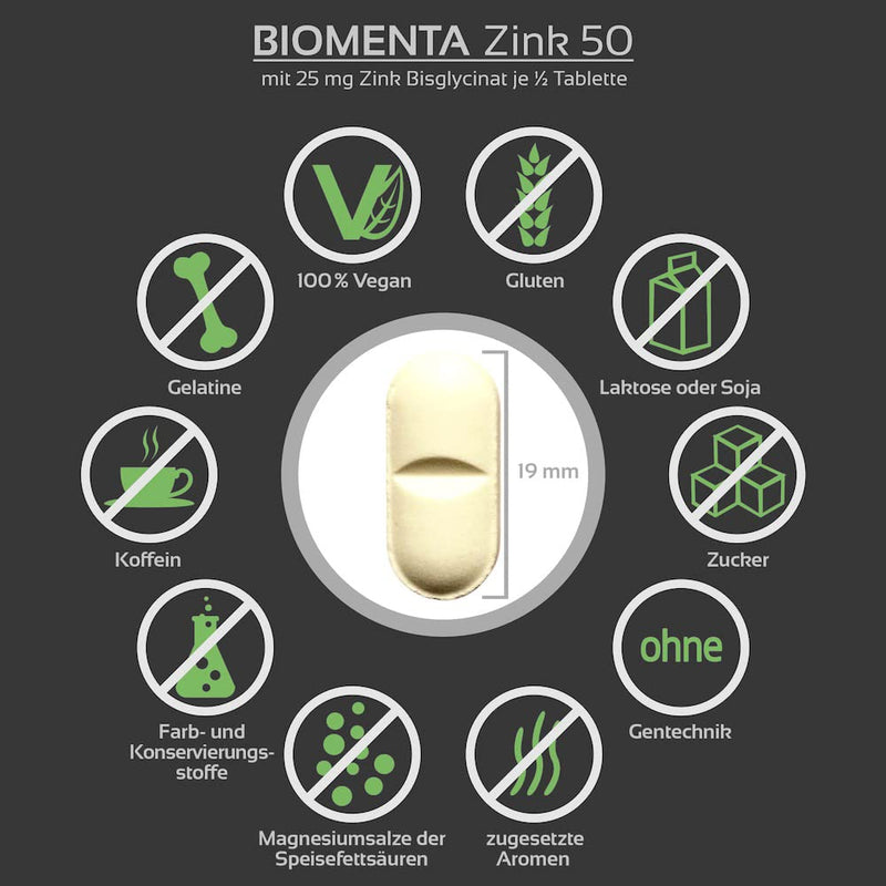 BIOMENTA Zinc 50 - 365 zinc tablets high dosage with 50 mg of pure active ingredient/tablet made from zinc bisglycinate - vegan & divisible - premium quality - NewNest Australia