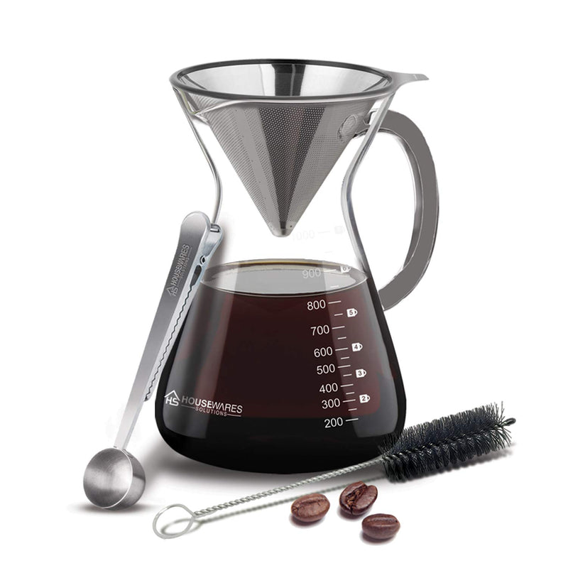 Pour Over Coffee Maker Set - 34 oz Glass Carafe, Stainless Steel Filter with Coffee Scoop and Cleaning Brush - NewNest Australia