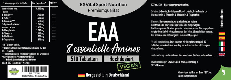 EXVital EAA tablets with 1036 mg per tablet - 510 tablets, all 8 essential amino acids EAAs - multi amino high dose - vegan - bottled in Germany - without additives - NewNest Australia