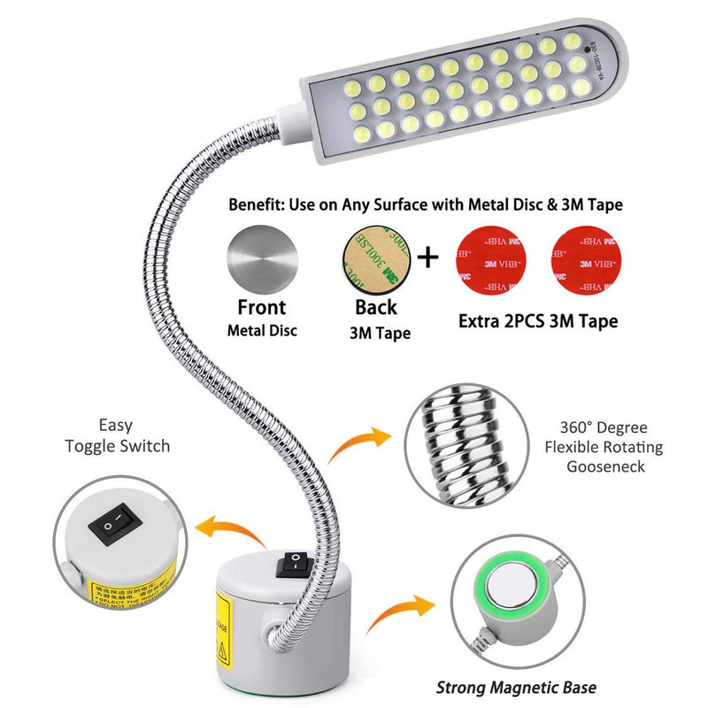 EVISWIY Sewing Machine Light LED Sewing Lighting (30LEDs) for Workbench Lathe Drill Press Flexible Gooseneck Arm Work Lamp with Magnetic Base 2Pcs Mounting Dics + 2 Pcs 3M Sticker - NewNest Australia