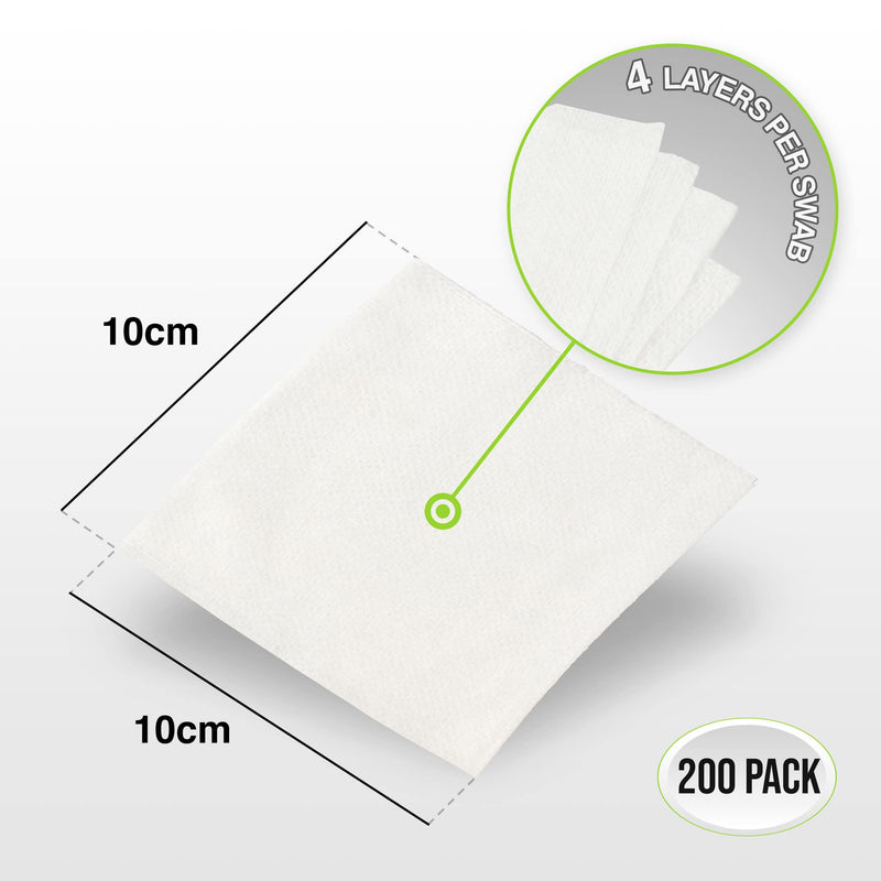 Posi Pulse 10cm x 10cm, 200ct Non-Sterile Gauze Swabs - 4 Ply Non-Woven Blend of Soft Strong Smooth Viscose/Polyester, 30g, Latex Free, CE Certified, White for Wound Dressing, Cleaning, Absorption - NewNest Australia