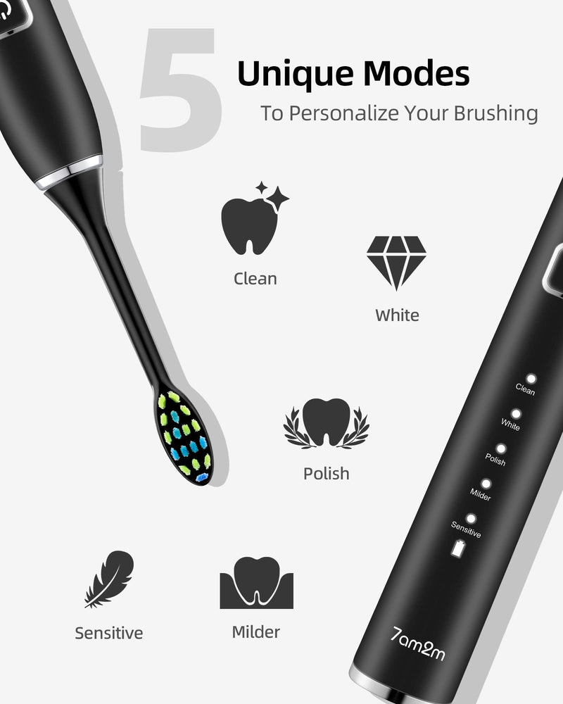 7am2m Sonic Electric Toothbrush with 6 Brush Heads for Adults and Kids, Wireless Fast Charge, One Charge for 60 Days,5 Modes with 2 Minutes Build in Smart Timer, Electric Toothbrushes(Black) Black - NewNest Australia