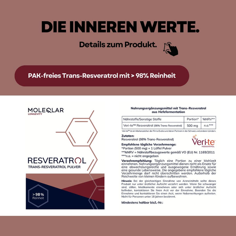 MoleQlar Resveratrol powder 30g - dietary supplement made from innovative yeast fermentation - 500mg resveratrol per serving - over 98% purity 30g (pack of 1) - NewNest Australia