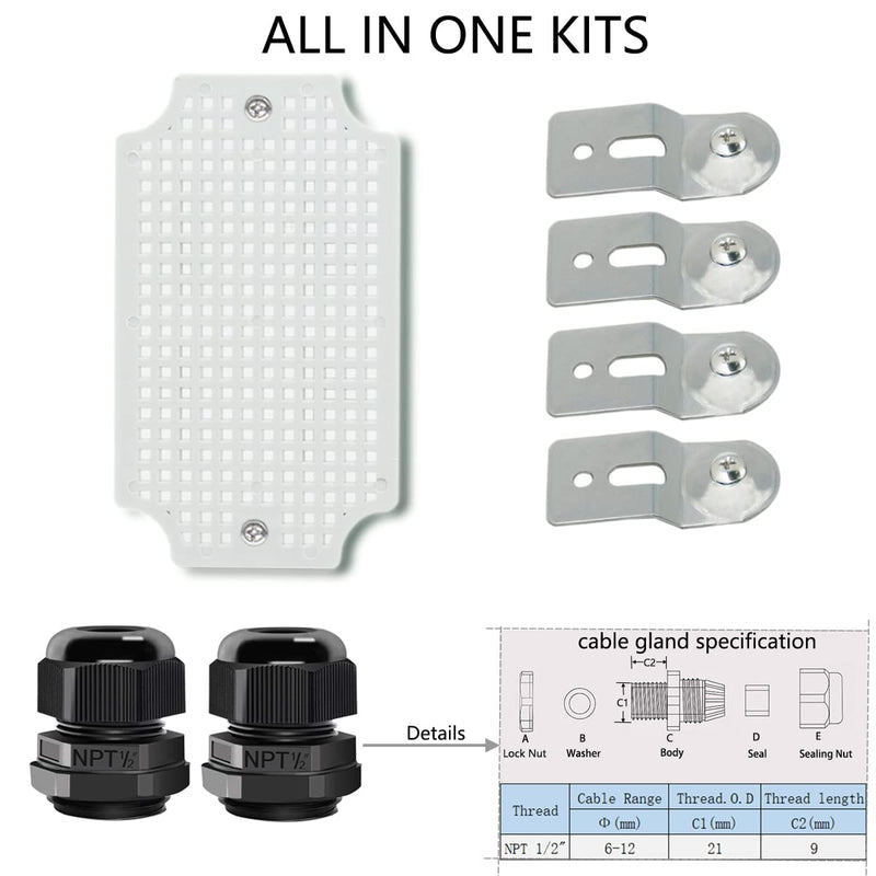 Otdorpatio Junction Box, Hinged Cover IP67 Waterproof ABS Project Box with 2 NPT 1/4" Cable Gland, Electrical Box Enclosure with Mounting Plate & Wall Bracket 5.9 x 3.9 x 2.8inch(150x100x70mm) 5.9"x3.9"x2.8“(Grey Cover) - NewNest Australia