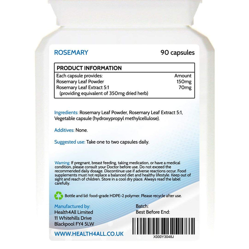 Rosemary 500mg 90 Capsules (V) . (not Tablets) Purest- no additives. Memory, Focus and Learning. Natural Vegan Nootropic. Made in The UK by Health4All 90 Count (Pack of 1) - NewNest Australia