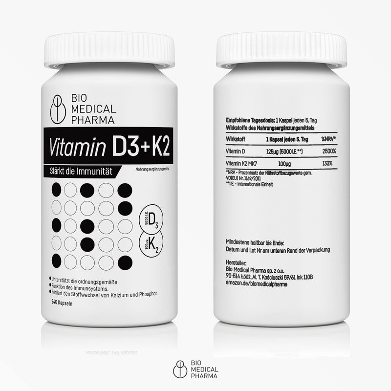 Vitamin D3 K2 MK-7 High dosage - 240 softgel capsules - 5000 IU vitamin D and 100mcg vitamin K2 MK7 - High bioavailability Vitamin D K2 with linseed oil - No additives - NewNest Australia