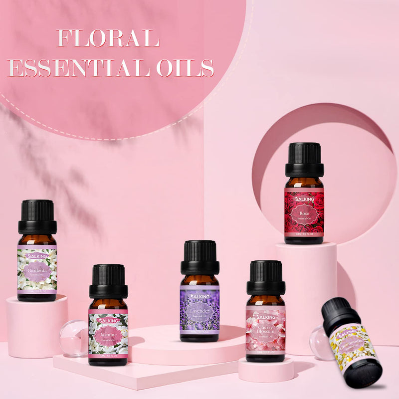 Salking Essential Oils Set, Aromatherapy Fragrance Oil Gift Set, 100% Pure Fragrance Oils For Diffusers, Humidifier, Massage, 6 X 10 Ml (Lavender, Rose, Cherry Blossom, Jasmine, Gardenia, Chamomile) - NewNest Australia