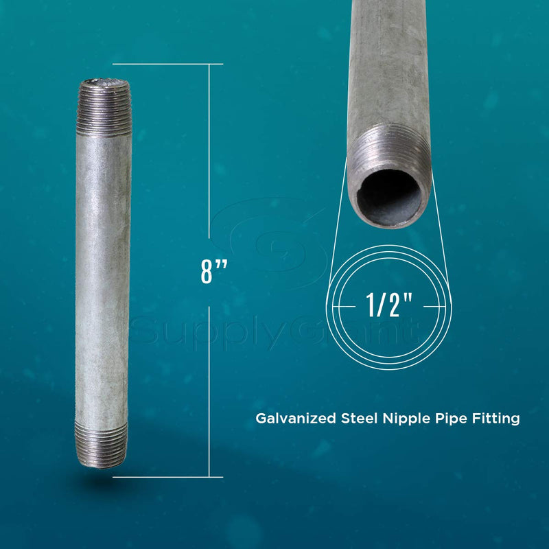 SUPPLY GIANT OQHM1280 8" Long Galvanized Steel Nipple Pipe Fitting with 1/2" Nominal Size Diameter, Single Unit - NewNest Australia