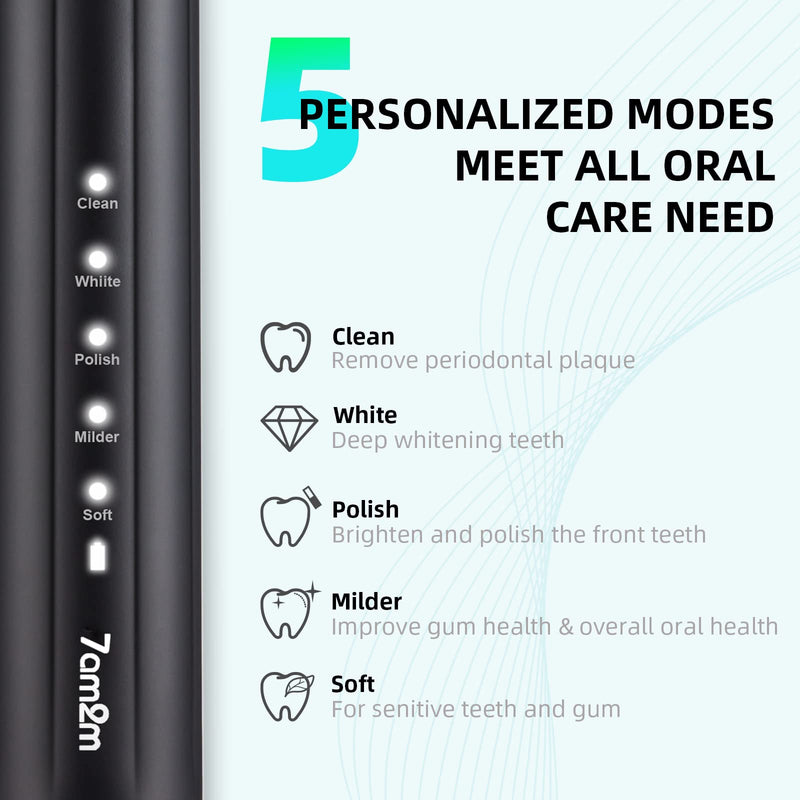 7AM2M Sonic Electric Toothbrush for Adults and Kids, One Charge for 90 Days, with 6 Brush Heads, 5 Modes with 2 Minutes Build in Smart Timer, Roman Column Handle Design (Black) Black - NewNest Australia