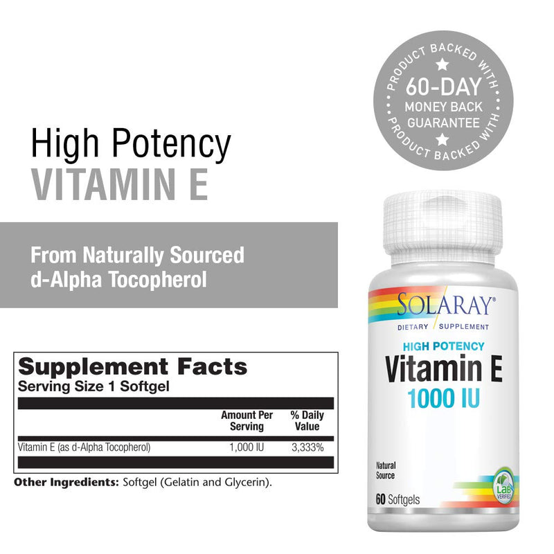 Solaray Vitamin E, d-Alpha Tocopherol 1000IU | for Healthy Cardiac Function, Antioxidant Activity & Skin Health Support | Lab Verified | 60 Softgels - NewNest Australia