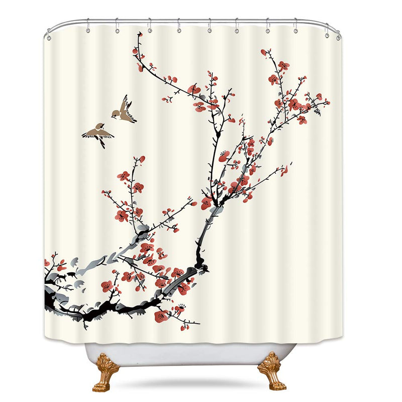 Riyidecor Red Floral Shower Curtain Cherry Sakura Blossom Asian Style Japanese Chinese Painting Birds Girls Fabric Polyester Waterproof Fabric 72Wx72H Inch 12 Pack Plastic Hooks - NewNest Australia