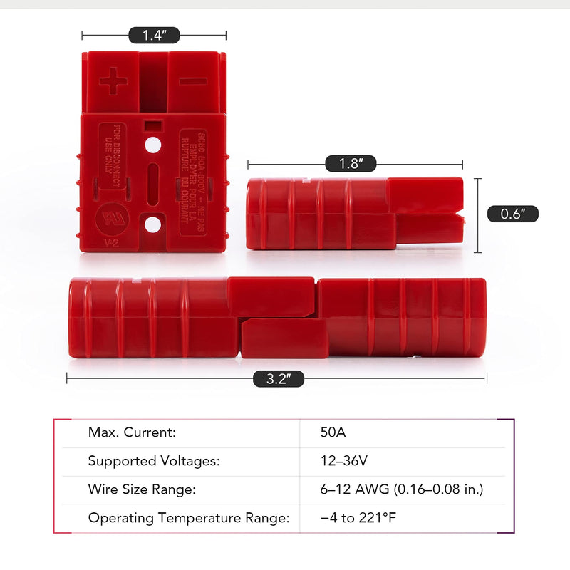 Orion Motor Tech Wire Connector 4 Pack, 50A Wire Harness Plug Kit for 6-12 Gauge Cables, 12V-36V Battery Quick Connect Disconnect Set for Car Bike ATV Winches Lifts Motors More, Set of 4, Red - NewNest Australia