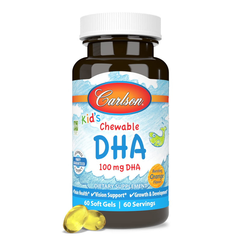 Carlson - Kid's Chewable DHA, 100 mg DHA, Brain & Vision Function, Growth & Development, Orange, 60 Chewable Softgels 60 Count (Pack of 1) - NewNest Australia