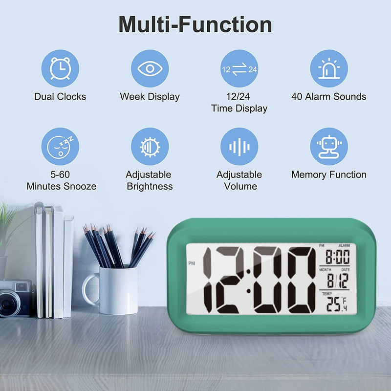 KAIJIELY Upgraded Digital Alarm Clock, 4.3" LED Display with Temperature Larger Lound Light Control Portable Snooze Calendar Brightness with Battery Powered Alarm Clocks Bedside for Everyone (Green) Green - NewNest Australia